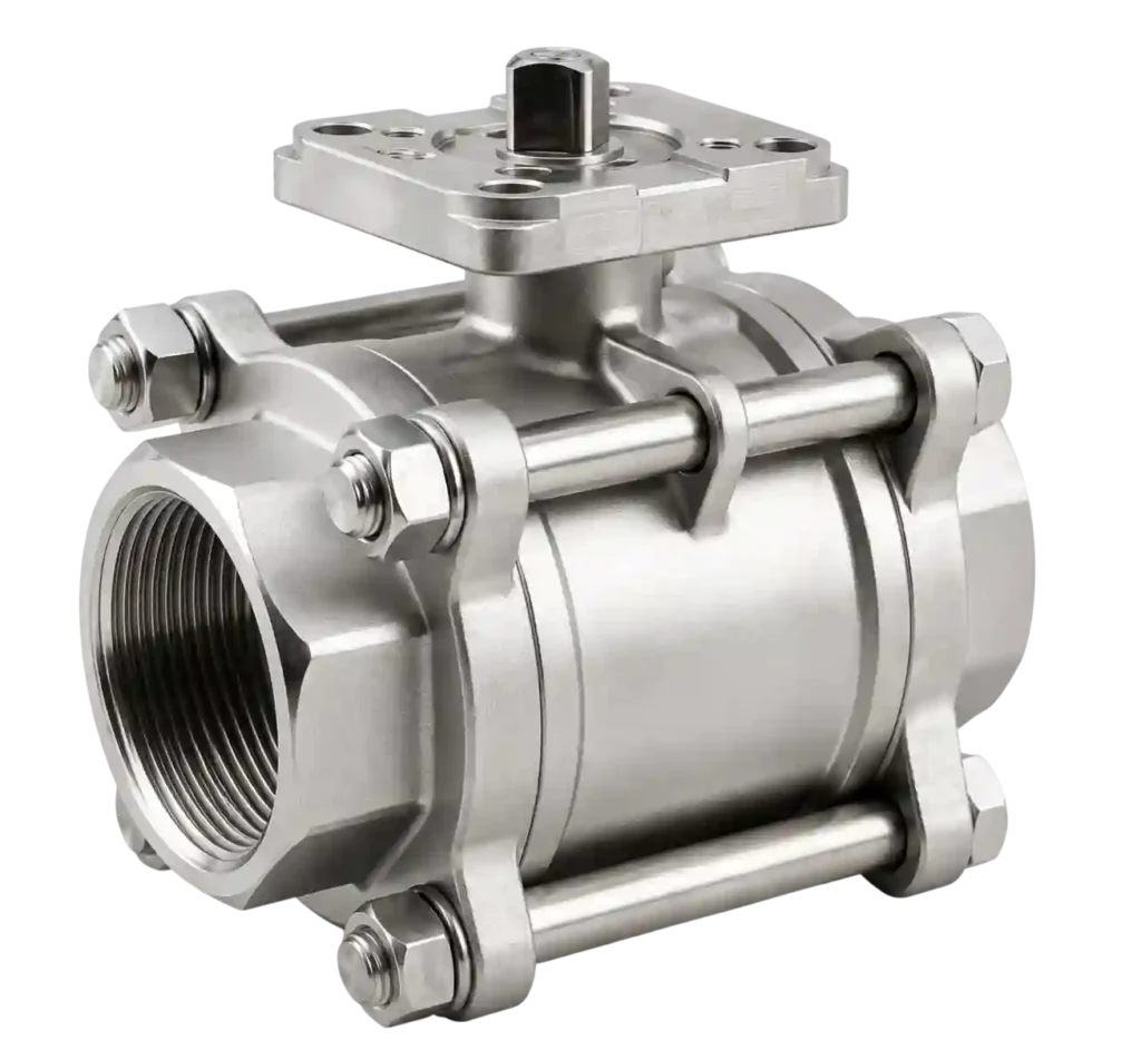 Stainless steel three-piece ball valve with threaded ends.