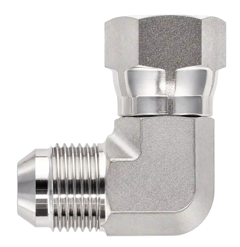 90-degree JIC swivel elbow fitting available from JIC fitting suppliers in Bahrain.