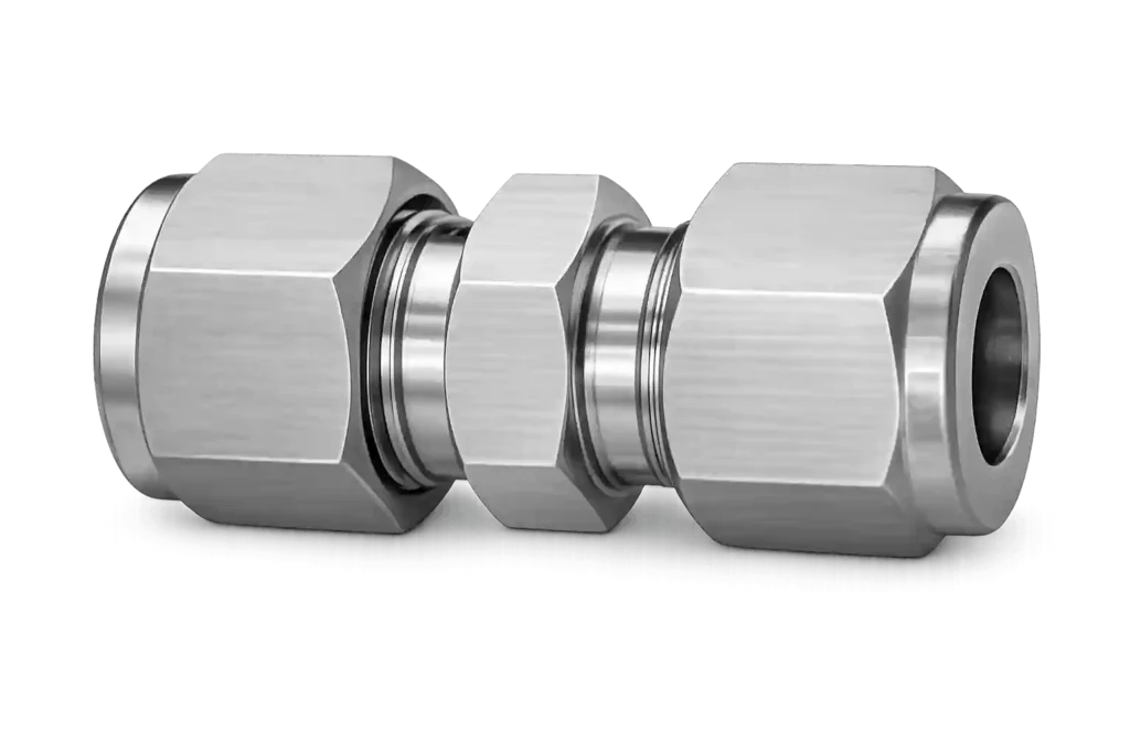Stainless steel compression tube fitting for leak-proof industrial piping.