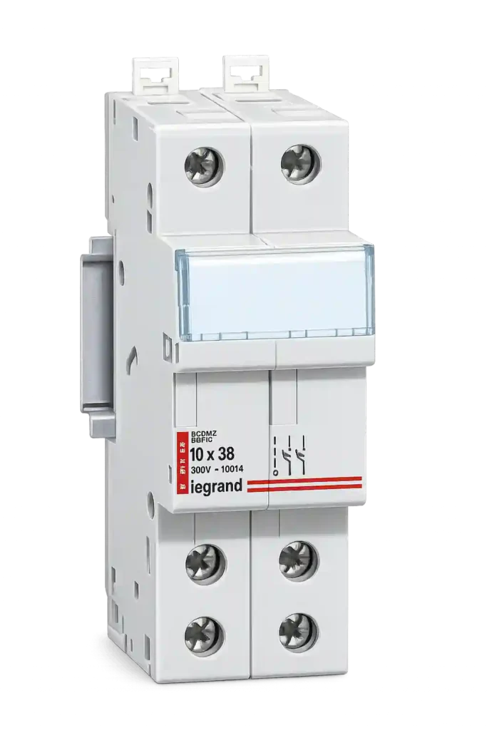 Double pole DIN rail fuse holder and electrical disconnector.