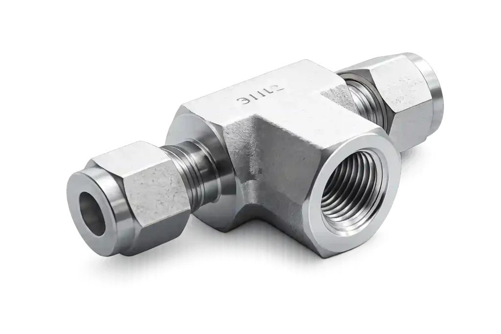 Female tee connector for industrial tube assemblies.