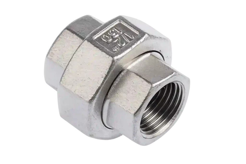Female union tube fitting for industrial piping connections.