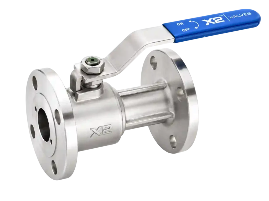 Flanged stainless steel ball valve with blue lever handle.