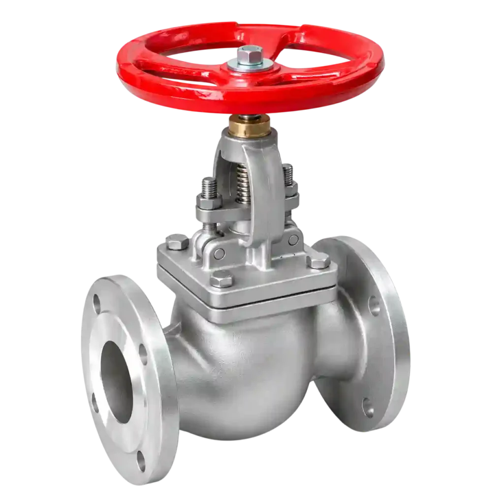 Industrial flanged globe valve with red handwheel.
