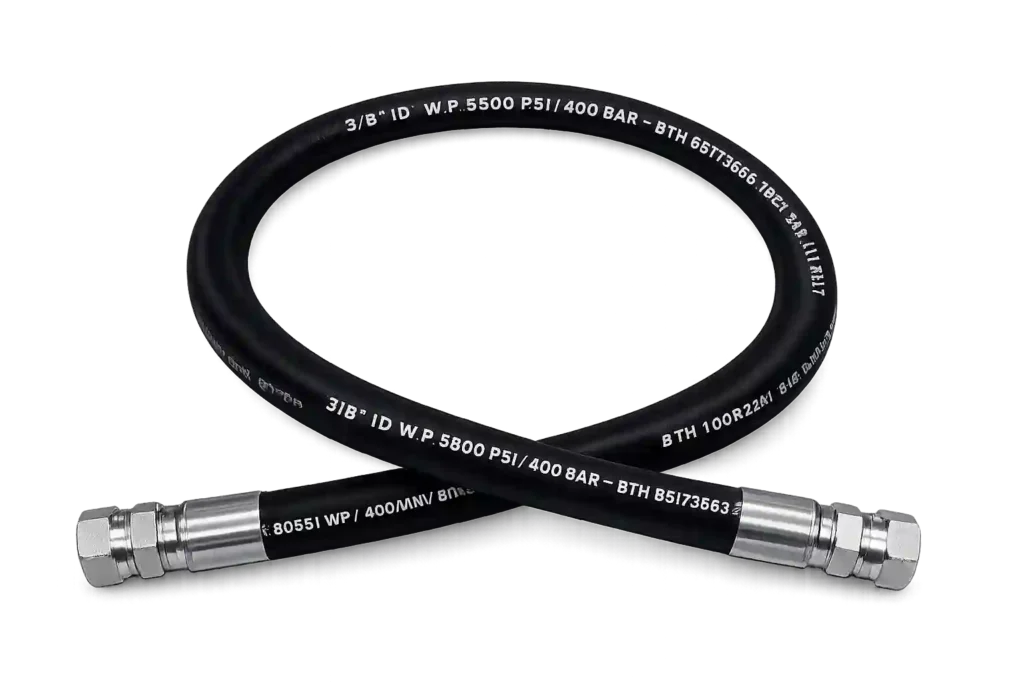 High-pressure hydraulic hose assembly with metal end fittings.
