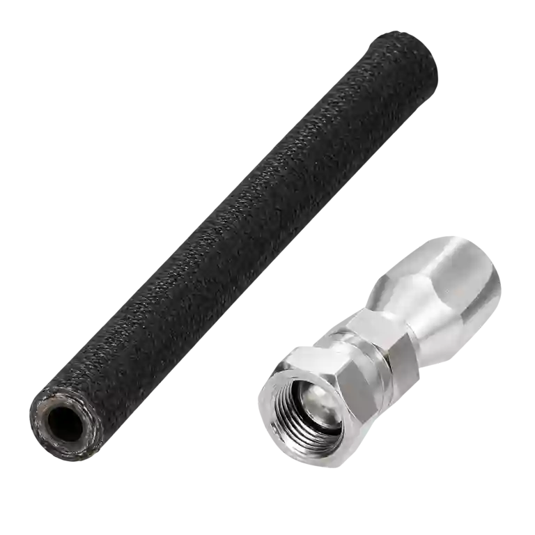 Hydraulic hose with metal fitting for fluid systems.