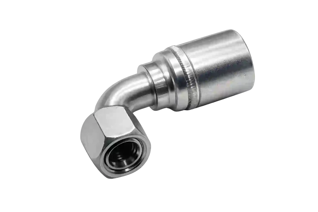 Compact JIC 45-degree hydraulic elbow adapter.