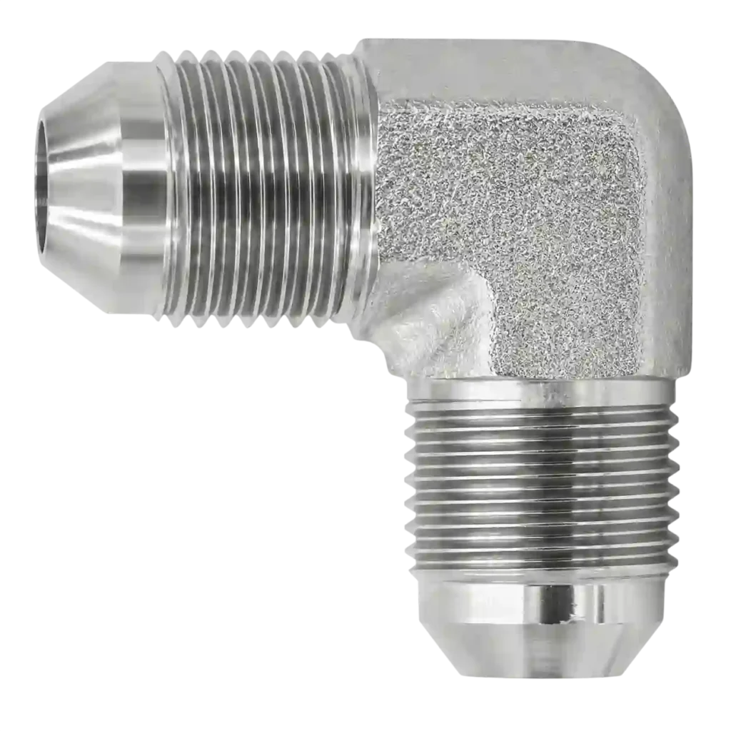 JIC 90-degree elbow fitting for hydraulic line connections.