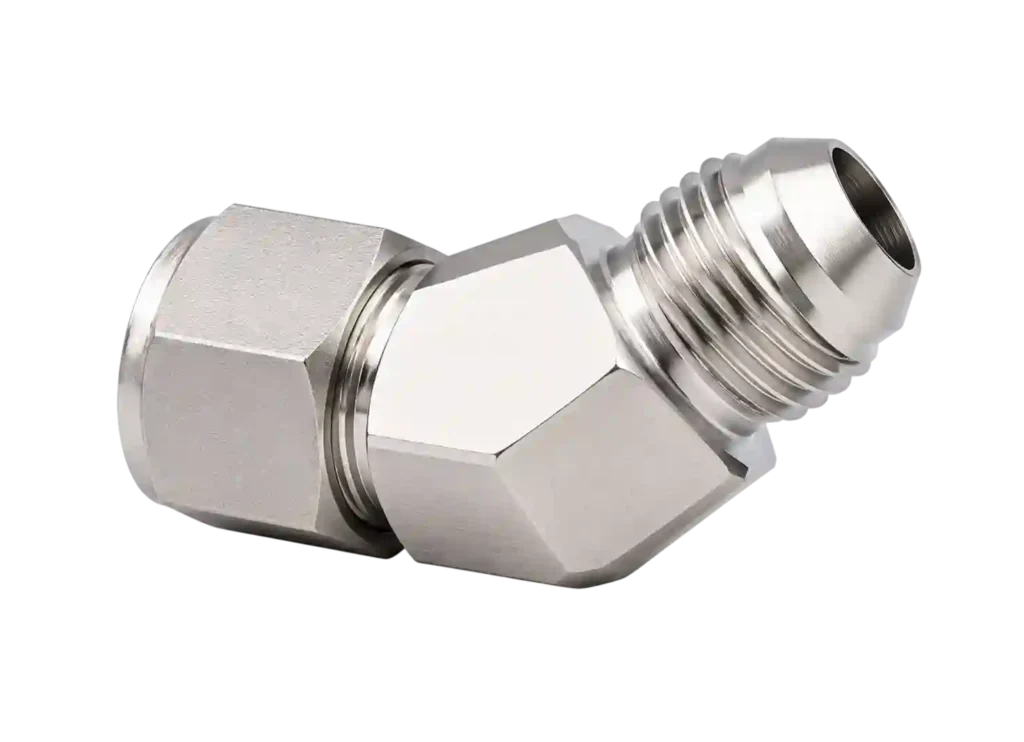 JIC angled swivel fitting with female connection.