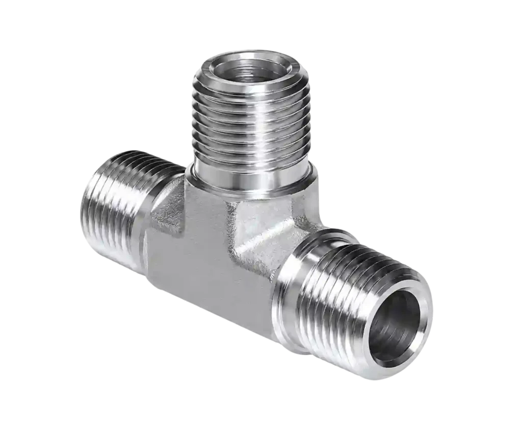 JIC branch tee fitting with three connection ports.