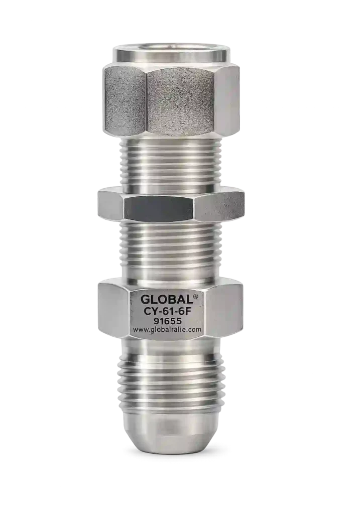 JIC bulkhead adapter with locking nuts.