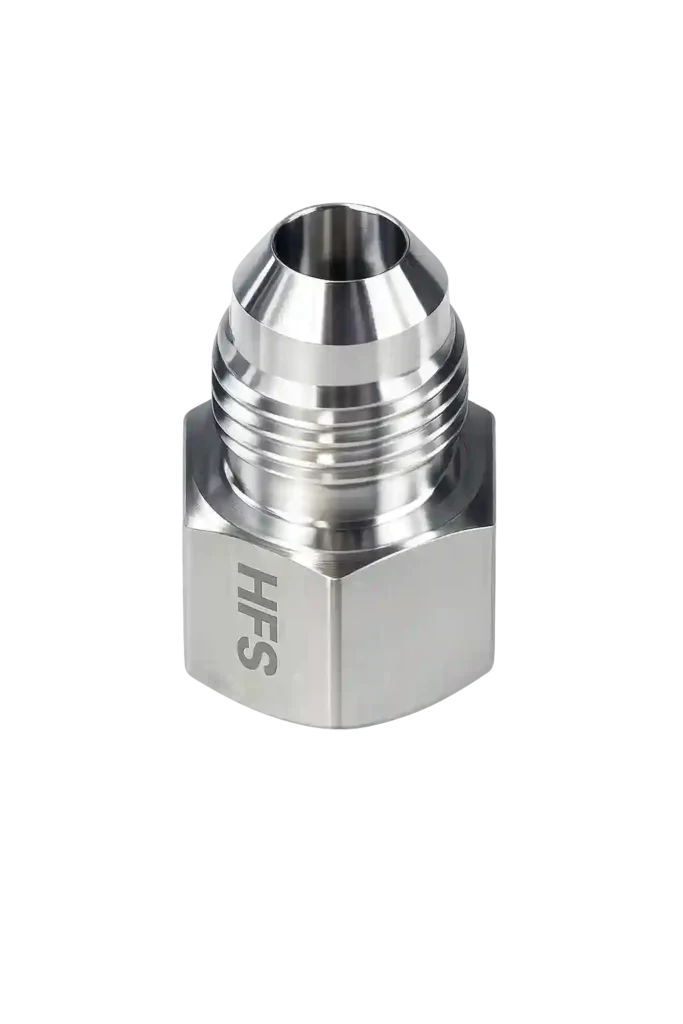 Stainless steel JIC female-to-male adapter fitting.
