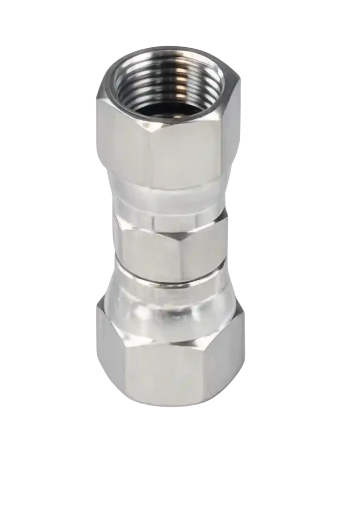 Stainless steel JIC female straight hydraulic connector.