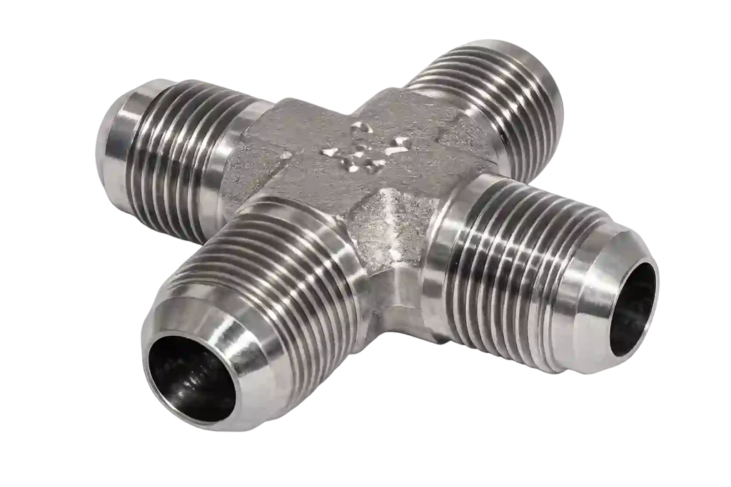 Four-way JIC cross fitting for hydraulic distribution.