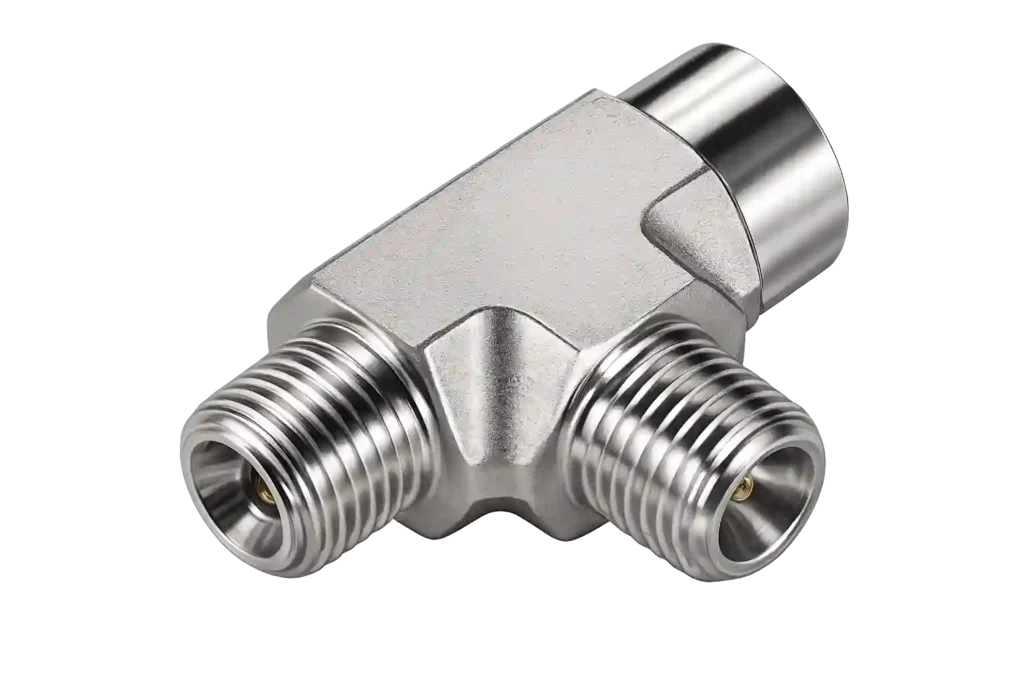 Three-way JIC hydraulic tee fitting supplied by JIC fitting suppliers in Bahrain.