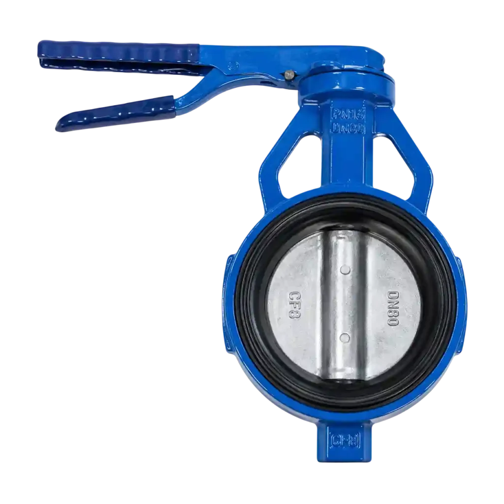Blue lever-operated butterfly valve for industrial pipelines.