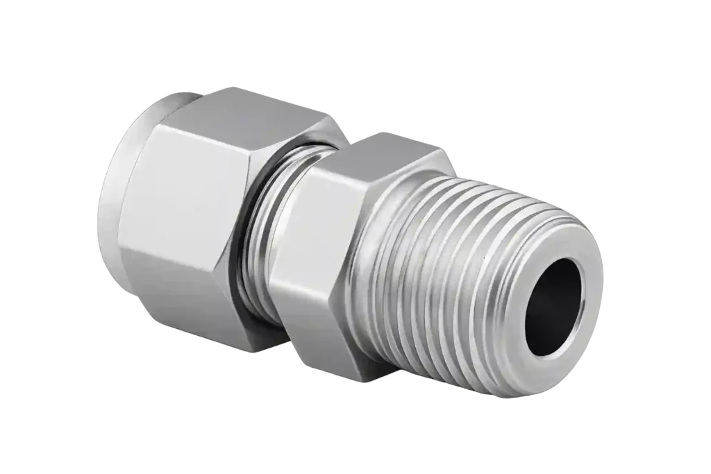 Male threaded stainless steel tube connector for industrial pipelines.