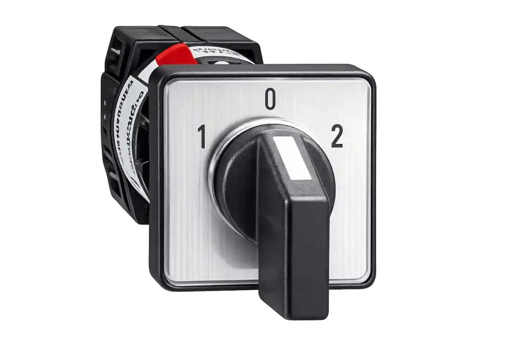 Three-position rotary cam switch with 0, 1 and 2 selector settings.