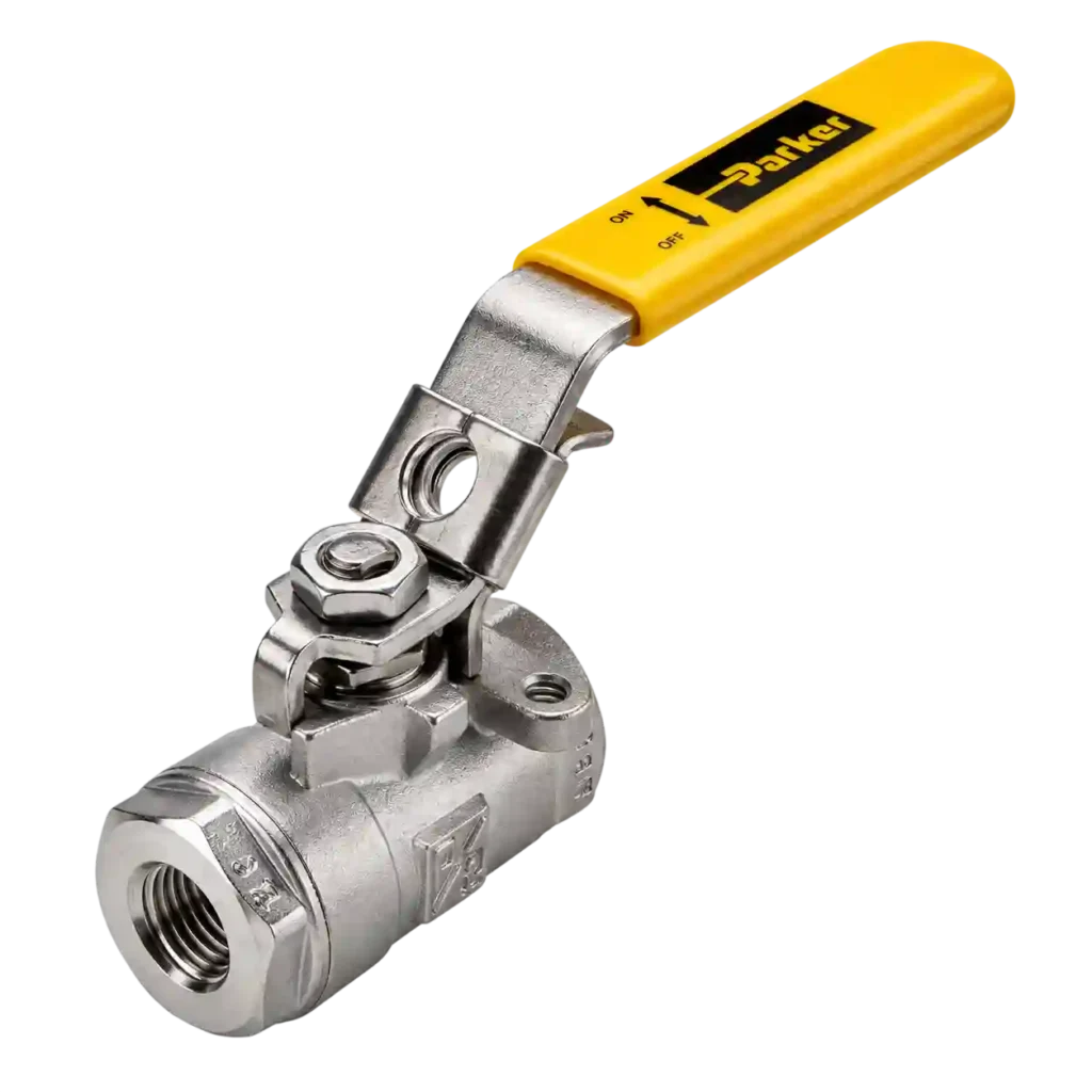 Stainless steel threaded ball valve with yellow lever handle,
