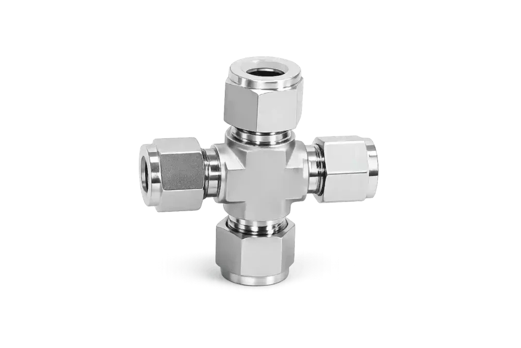 Stainless steel cross tube fitting for precision fluid systems from trusted tube fitting suppliers in Bahrain .