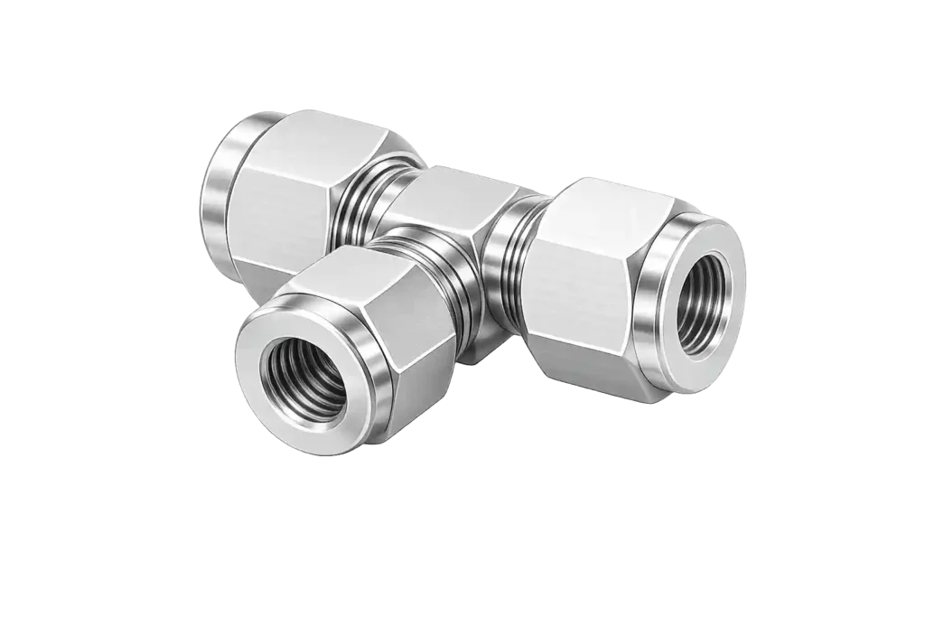 Stainless steel branch tee fitting for industrial tube systems.