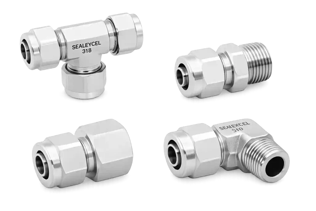 Stainless steel tube fittings collection including tee, elbow, connector, and compression fittings for industrial fluid systems v.