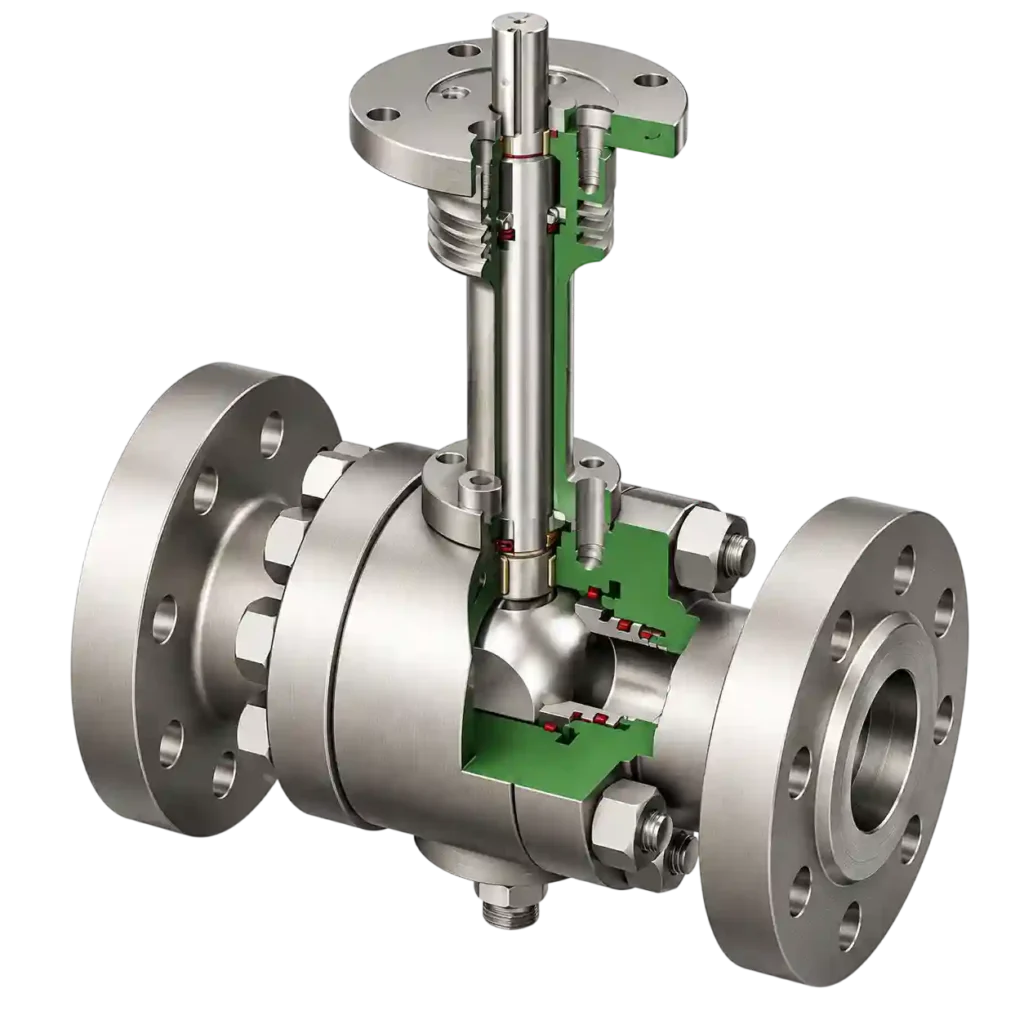 Cutaway view of trunnion mounted ball valve.