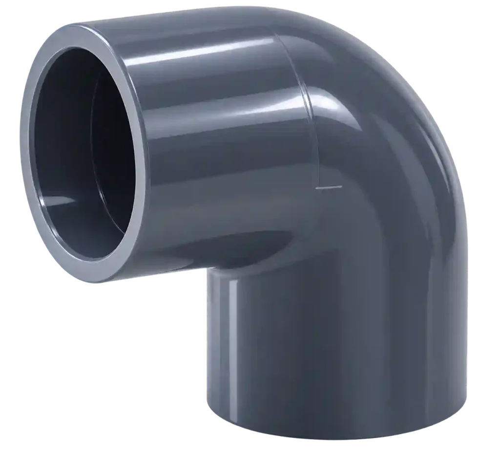 PVC 90 degree elbow fitting for pipe connections.