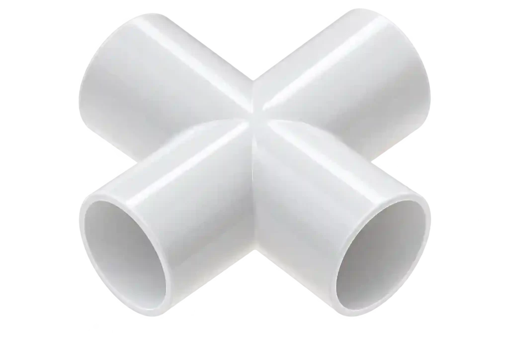 PVC cross fitting for multi-directional pipe connections.