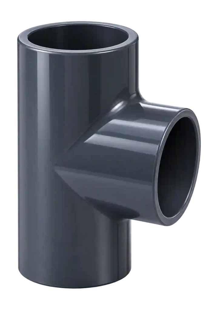 PVC tee fitting for branching pipe systems.