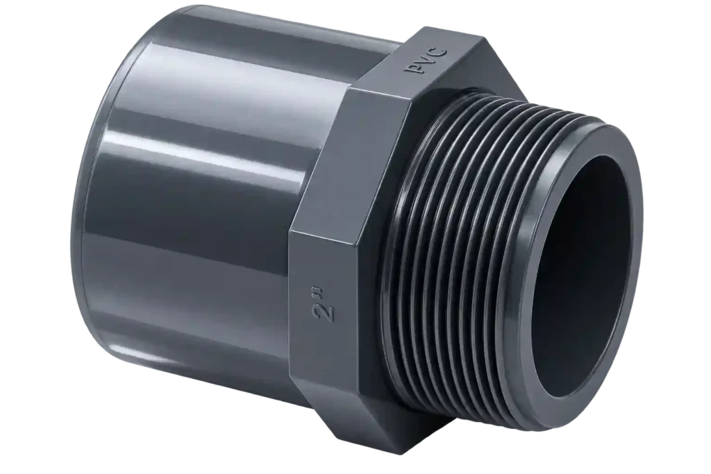 PVC threaded adapter fitting for piping systems.